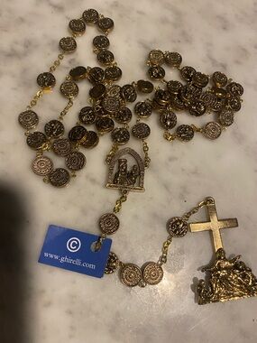 Gold-Tone Rosary Necklace with Medallions and Cross